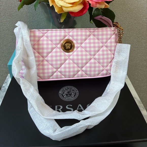 Versace Handbags - NWT Authentic Versace Pink & White Plaid Fabric Shoulder Bag w/ Dustbag & Box